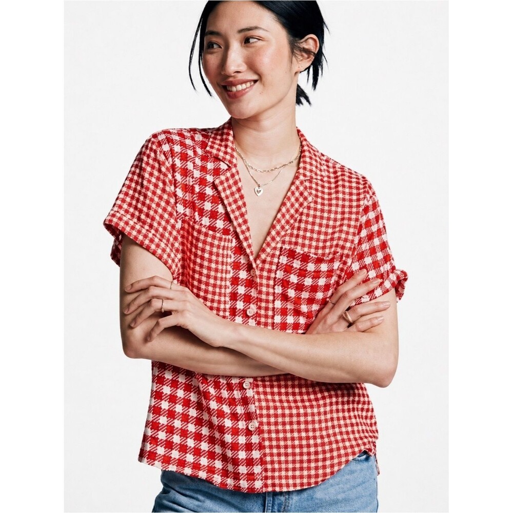 Maeve Anthropologie Bon Voyage Red Patchwork Houndstooth Top Small